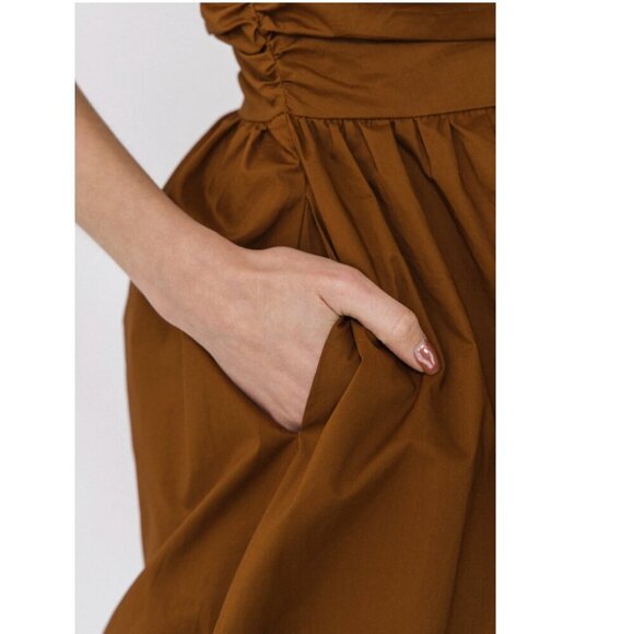 Endless Rose Shirred Blouson Romper in Camel Brown with Puffed Shorts Size S - Picture 2 of 10